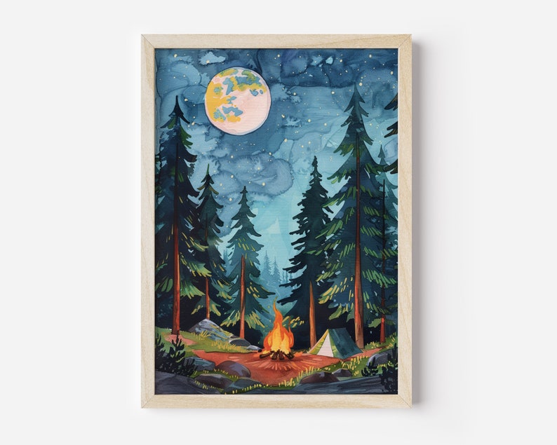 May include: Watercolor painting of a nighttime camping scene. Tall green pine trees surround a campfire with a tent in the background. A large, full moon and starry sky are visible above the trees. The artwork is framed in a light wood frame.