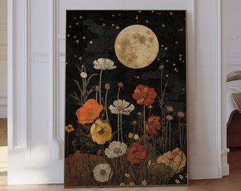 Floral Moon Wall Art, Moon And Flowers Print, Vintage Moon Print, Wildflowers Moon, Cottagecore Print, Vintage Nature Print, Whimsigoth Art