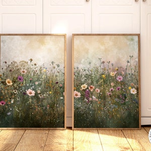 Wildflower Prints Set of 2, Wildflower Poster, Vintage Wall Art, Landscape Painting, Neutral Split Print, Farmhouse Decor, Muted Prints