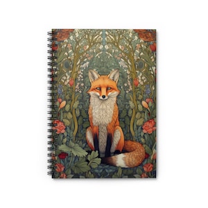 William Morris inspired Fox In The Thicket spiral bound notebook with inside pocket. forest scene notebook  mom gift gift for student