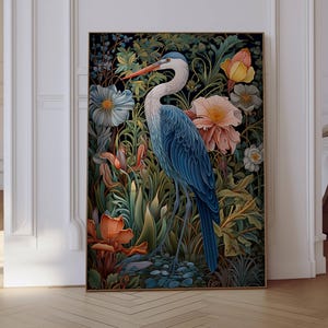 Heron Print, William Morris, Heron Decor, Bird Painting, Coastal Art, Aesthetic Wall Art, Botanical Print Blue Heron Art Coastal Grandmother