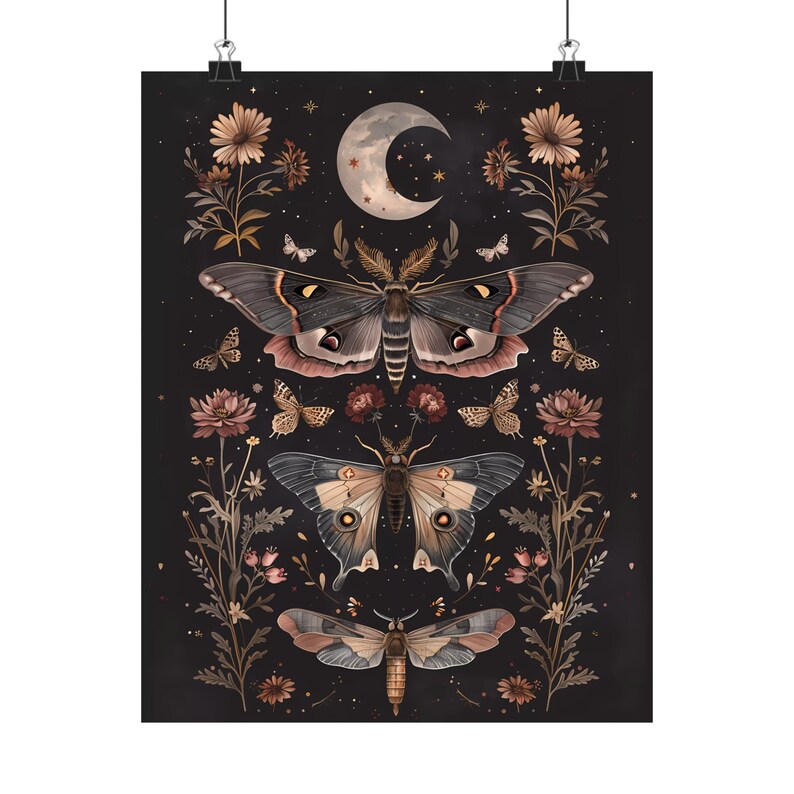 Moth Wall Art, Moon Print, Magical Decor Art, Witchy Aesthetic, Dark Prints, Dark Botanical Art, Moth Poster, Insect Print, Moth Gift image 4