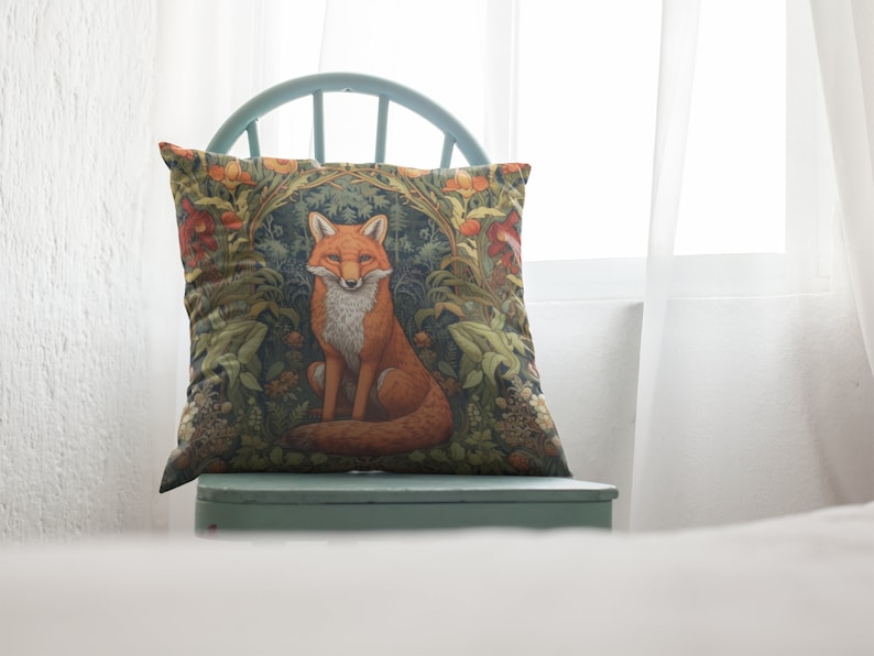 May include: A green chair with a throw pillow featuring a fox sitting in a forest scene. The pillow has a floral pattern with red, orange, and yellow flowers.