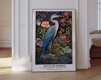 William Morris Print, Blue Heron, Bird Wall Art, William Morris Poster, Aesthetic Wall Art, Vintage Poster, Botanical Print, Wall Art Gift