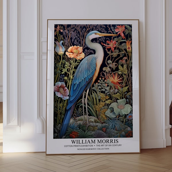 William Morris Print, Blue Heron, Bird Wall Art, William Morris Poster, Aesthetic Wall Art, Vintage Poster, Botanical Print, Wall Art Gift