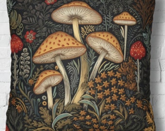 Mushroom Pillow Cover Mushroom Decor William Morris Magic Mushrooms in a Enchanted Woodland Embroidered Look Faux Suede Texture Cottagecore