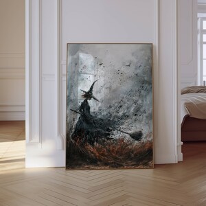 May include: A painting of a witch flying on a broomstick in a stormy sky. The witch is wearing a black dress and a pointed hat. The sky is filled with swirling clouds and bats.