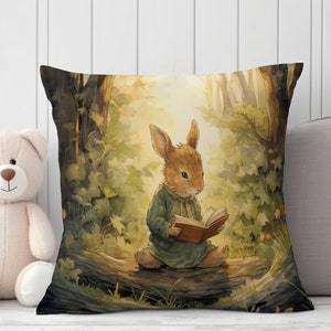 May include: A brown rabbit sitting on a log in a forest setting, reading a book. The rabbit is wearing a blue dress and has a white collar. The background is a watercolor painting of trees and leaves.