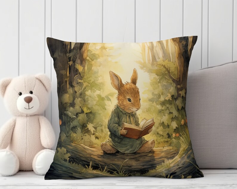 May include: A brown rabbit sitting on a log in a forest setting, reading a book. The rabbit is wearing a blue dress and has a white collar. The background is a watercolor painting of trees and leaves.