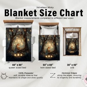 K&ouml;nnte beinhalten: Eine Decken-Gr&ouml;&szlig;entabelle zeigt die Gr&ouml;&szlig;en Queen (152cm x 203cm), Doppelbett (127cm x 152cm) und Kinderbett (76cm x 101cm). Die Decken zeigen eine Waldszene mit einem Fuchs und Lichtern. Der Text lautet "Velveteen Minky" und "100% Polyester".