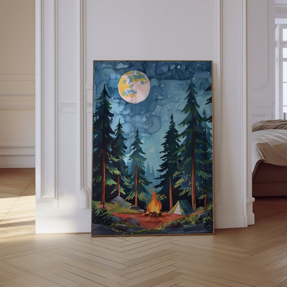 Camping Print, Camping Wall Art, Gouache Print, Campfire Painting, Forest Print, Adventure Print, Camping Tent Art, Camping Gifts For Her