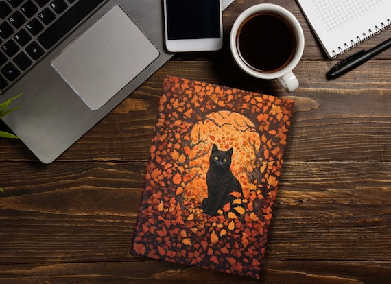 Black Cat Journal, Autumn Journal, Black Cat Halloween, Fall Leaves, Cat Journal, Cat Notebook, Black Cat Lover Gift, William Morris