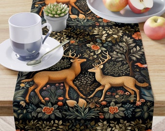 Deer In Autumn William Morris Inspired Table Runner Fall Decor nature inspired motif water resistant runner gift for mom