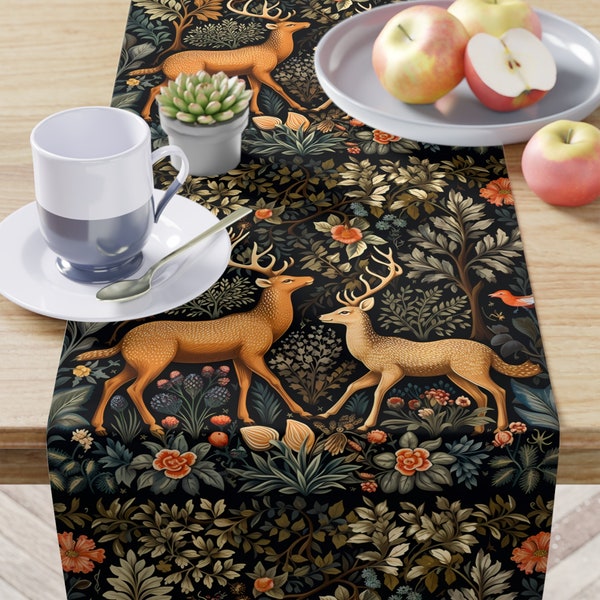 Deer In Autumn William Morris Inspired Table Runner Fall Decor nature inspired motif water resistant runner gift for mom