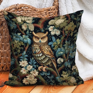 Owl Pillow Cover, Farmhouse Decor, William Morris Cover, Owl Cushion, Owl Lover Gift, Living Room Pillow, Owl Gifts For Her, Floral Pillow