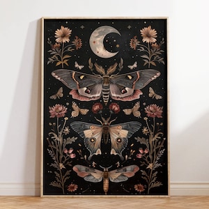 Moth Wall Art, Moon Print, Magical Decor Art, Witchy Aesthetic, Dark Prints, Dark Botanical Art, Moth Poster, Insect Print, Moth Gift