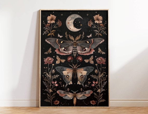 Moth Wall Art, Moon Print, Magical Decor Art, Witchy Aesthetic, Dark Prints, Dark Botanical Art, Moth Poster, Insect Print, Moth Gift
