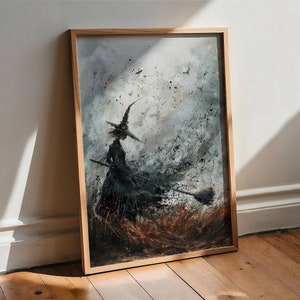 May include: A framed watercolor painting of a witch flying on a broomstick. The witch is wearing a black dress and a pointed hat. The background is a stormy sky with swirling clouds and a few birds flying.