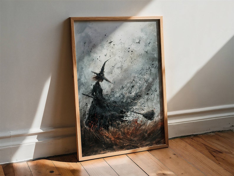 May include: A framed watercolor painting of a witch flying on a broomstick. The witch is wearing a black dress and a pointed hat. The background is a stormy sky with swirling clouds and a few birds flying.