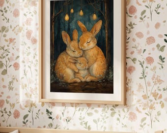 Bunny Family Print, Bunny Nursery Decor, Rabbit Nursery, Bunny Nursery Art, Rabbit Wall Art, Woodland Wall Decor, Sleeping Rabbit Prints