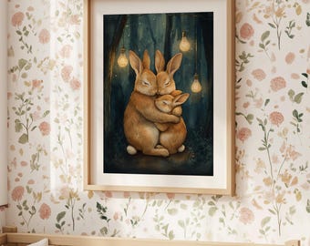 Bunny Family Print, Bunny Nursery Decor, Rabbit Nursery, Bunny Nursery Art, Rabbit Wall Art,  Woodland Wall Decor, Sleeping Rabbit Prints