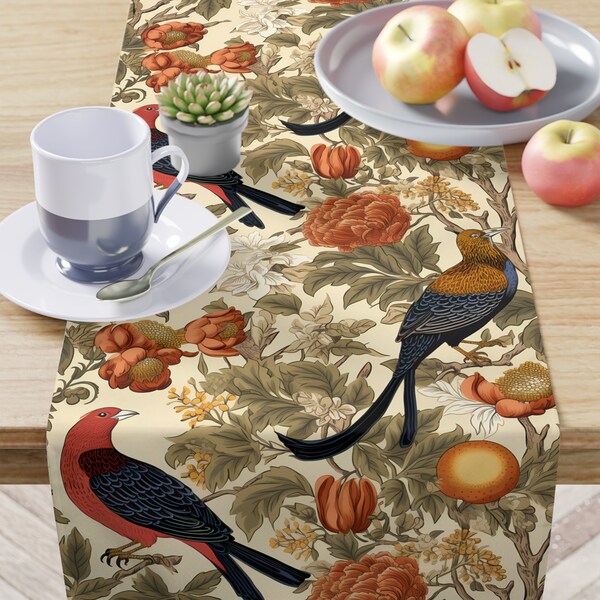 Autumn Pheasants Table Runner William Morris Inspired Fall Decor nature inspired motif water resistant runner gift for mom