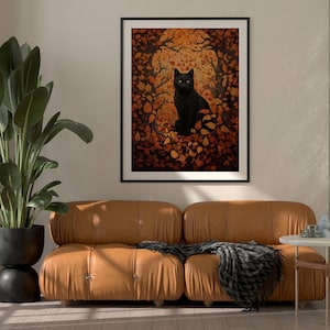 Póster de gato negro, hojas de otoño, decoración de gato negro, decoración de Halloween, decoración de otoño, póster de otoño, carteles e impresiones, regalo para amantes de los gatos negros