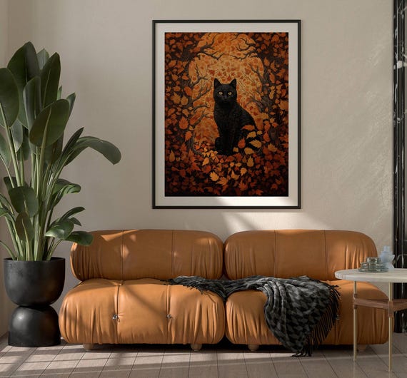 Black Cat Poster, Fall Leaves, Black Cat Decor, Halloween Decor, Autumn Decor, Fall Poster, Posters And Prints, Black Cat Lover Gift