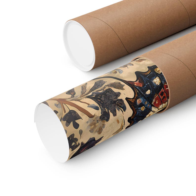 Puede incluir: Dos carteles enrollados en tubos de cart&oacute;n marr&oacute;n. El cartel visible presenta un fondo beige con un dise&ntilde;o floral oscuro en tonos azules, marrones y rojos. El segundo tubo es parcialmente visible en el fondo.