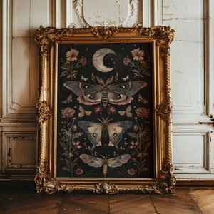 May include: A framed print with a dark background featuring three moths and floral designs. The moths are depicted in a vintage style with intricate details. The print is surrounded by a gold ornate frame.