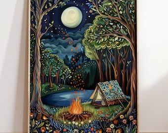 Camping Print, Camping Wall Art, William Morris, Campfire Painting, Forest Print, Adventure Print, Camping Tent Art Camping Gifts For Her