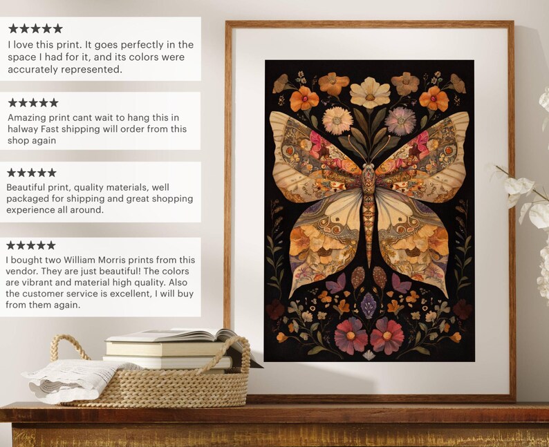 May include: A framed print of a butterfly with intricate details made from pressed flowers and leaves. The butterfly is set against a black background and surrounded by a border of flowers. The print is in a light wood frame.