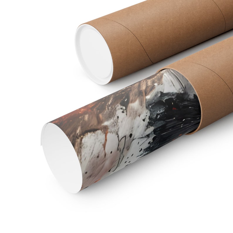May include: A rolled up print with abstract art in shades of brown, black, white, and orange is being shipped in a brown cardboard tube.