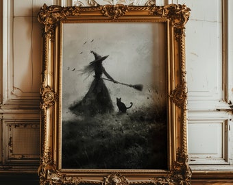 Impression d'Halloween, impression de sorcière et de chat noir, milieu universitaire sombre, art de sorcière vintage, décoration de sorcière, art mural gothique, peinture à l'huile sombre, art mural de mauvaise humeur