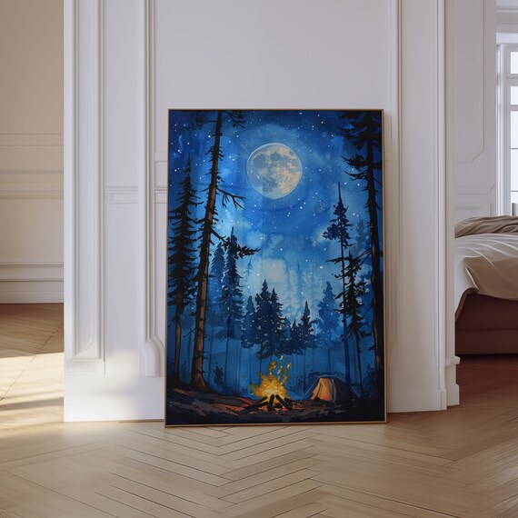 Camping Wall Art, Gouache Print, Campfire Painting, Forest Print, Adventure Print, Camping Tent Art Camping Print Camping Gifts For Her