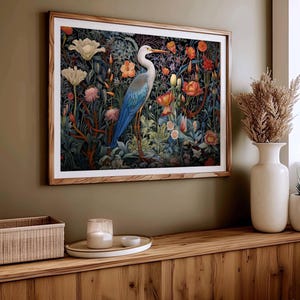 Heron Print, William Morris, Blue Heron, Bird Wall Art,  Aesthetic Wall Art, Vintage Poster, Botanical Print, Blue Heron Art, Wall Art Gift