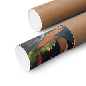 May include: Two brown cardboard poster tubes with white end caps. One tube is partially unrolled, revealing a colorful abstract art print with shades of green, orange, and black. The artwork is visible on the rolled poster.