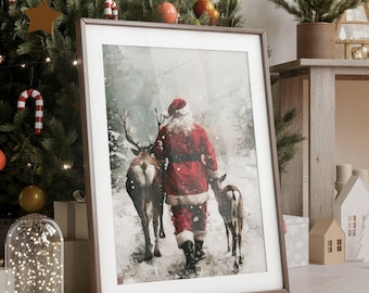 Art mural de Noël, impression père Noël, Noël vintage, impression d'art père Noël, père Noël rétro, imprimé père Noël vintage, impressions de rennes