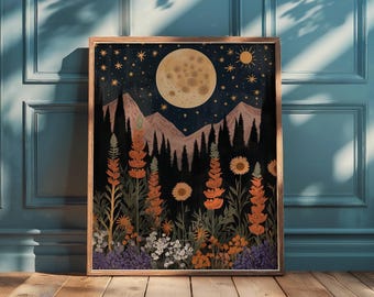 Moon And Flowers Print, Mountain Wall Art, Vintage Moon Print, Wildflowers Moon, Cottagecore Print, Vintage Nature Print, Forest Prints