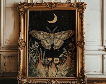 May include: A framed artwork featuring a moth with detailed wing patterns, set against a night sky with a crescent moon and stars. The moth hovers above a field of stylized plants and flowers. The ornate gold frame adds a vintage aesthetic.