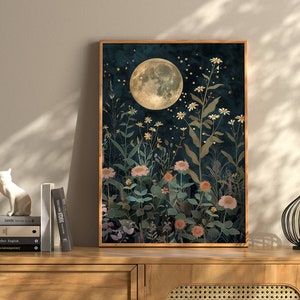 Moon And Flowers Print, Floral Moon Wall Art, Vintage Moon Print, Wildflowers Moon, Cottagecore Print, Vintage Nature Print, Whimsigoth Art