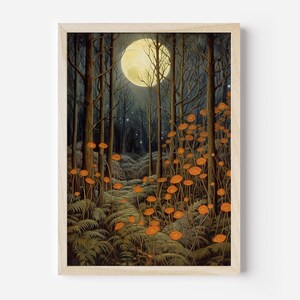 May include: A painting of a moonlit forest with a full moon shining through the trees. The forest floor is covered in ferns and orange flowers.