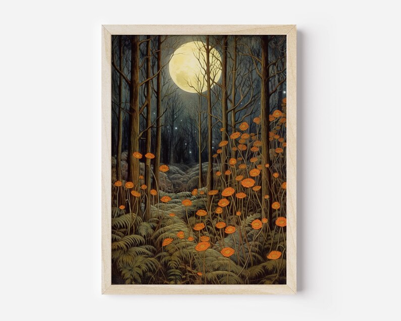 May include: A painting of a moonlit forest with a full moon shining through the trees. The forest floor is covered in ferns and orange flowers.