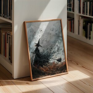 May include: A framed painting of a witch flying on a broomstick in a stormy sky. The painting is done in shades of gray and black with splashes of brown and white.