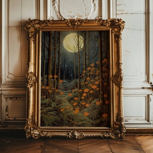 May include: A framed painting of a moonlit forest scene with glowing flowers. The painting is in a gold frame with ornate details. The forest is dark and mysterious, with tall trees and a full moon shining brightly in the sky. The flowers are a vibrant orange and glow in the moonlight.