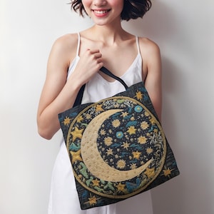 Moon And Stars Tote Bag, FAUX EMBROIDERED LOOK, Boho Tote Bag, Celestial, Stars, Moon, Tote Bag For Women, Moon Lover, Moon Lovers Gift