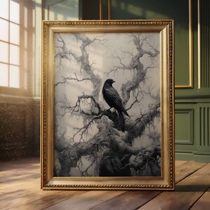 This gorgeous poster print features a raven perched on a branch in a dark and foggy forest. .  The branches feature dripping moss.  It is a dark and moody print with varying shades of black, gray, and a creamy beige background.