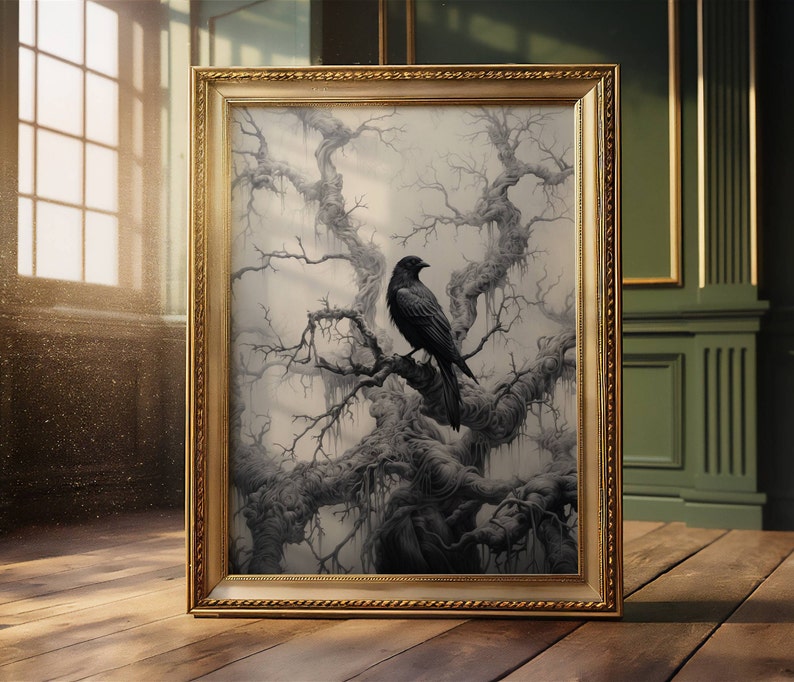 This gorgeous poster print features a raven perched on a branch in a dark and foggy forest. .  The branches feature dripping moss.  It is a dark and moody print with varying shades of black, gray, and a creamy beige background.