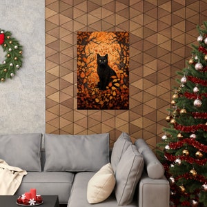 May include: A black cat with yellow eyes sits in a forest of orange and brown leaves. The cat is surrounded by leaves and branches, creating a sense of mystery and intrigue.