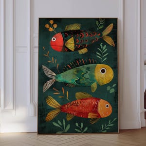 This vibrant poster, printed on museum grade paper, depicts a school of three colorful and playful fish on a dark green background.  The 3 fish are somewhat abstract looking, large, and colorful.  Colors are shades of red, green, orange, red, yellow, and brown. Great gift for fish lover.